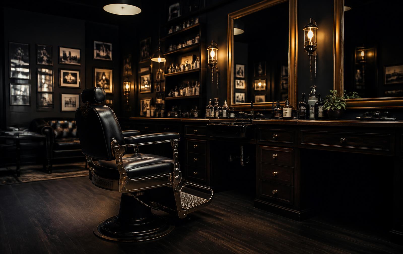 Interior de Alpha Man Barbería con sillón clásico e iluminación cálida